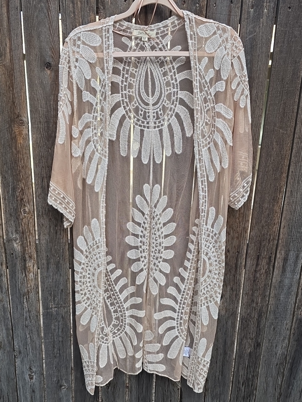 Rebellion Again Tan Floral Ivory Lace Embroidered Duster Kimono Open Front